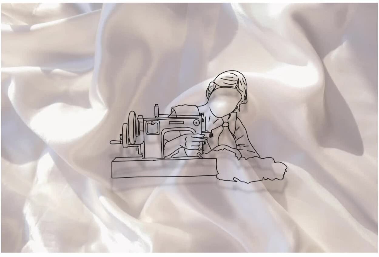 Line illustration of an Inréa artisan hand-finishing a garment at a sewing machine